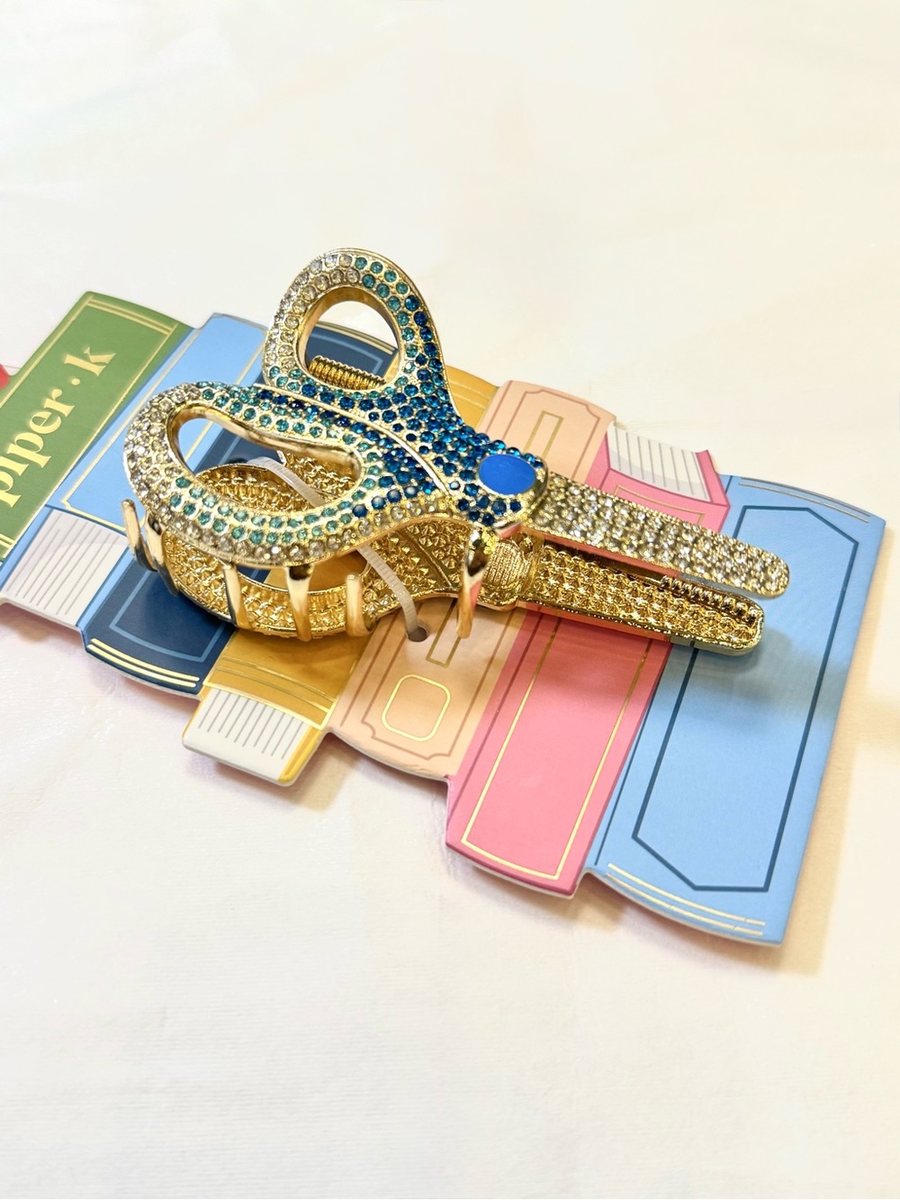 Piper K Gold Toned Scissors Hair Claw Clip w/ Blue & Clear Rhinestones - Picture 4 of 4